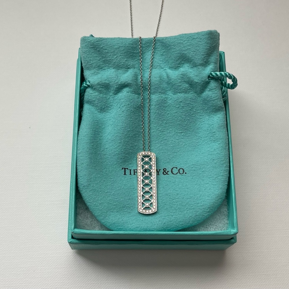 Tiffany & Co. Platinum Diamond Voile Weave Bar Pendant 16” Chain Necklace RARE